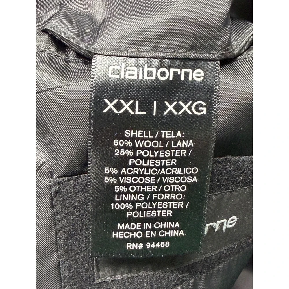 Claiborne Mens XXL Black Wool Blend Pea Coat Double Breasted Zip Bib Overcoat